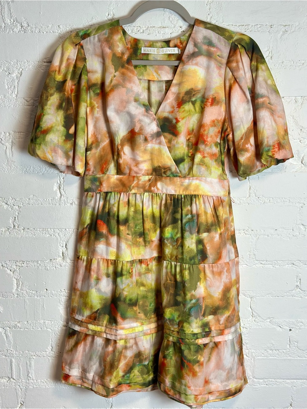 MARIE OLIVER $359 Callie Silk Blend Mini  Tiered Dress in Garden Yellow Size 2
